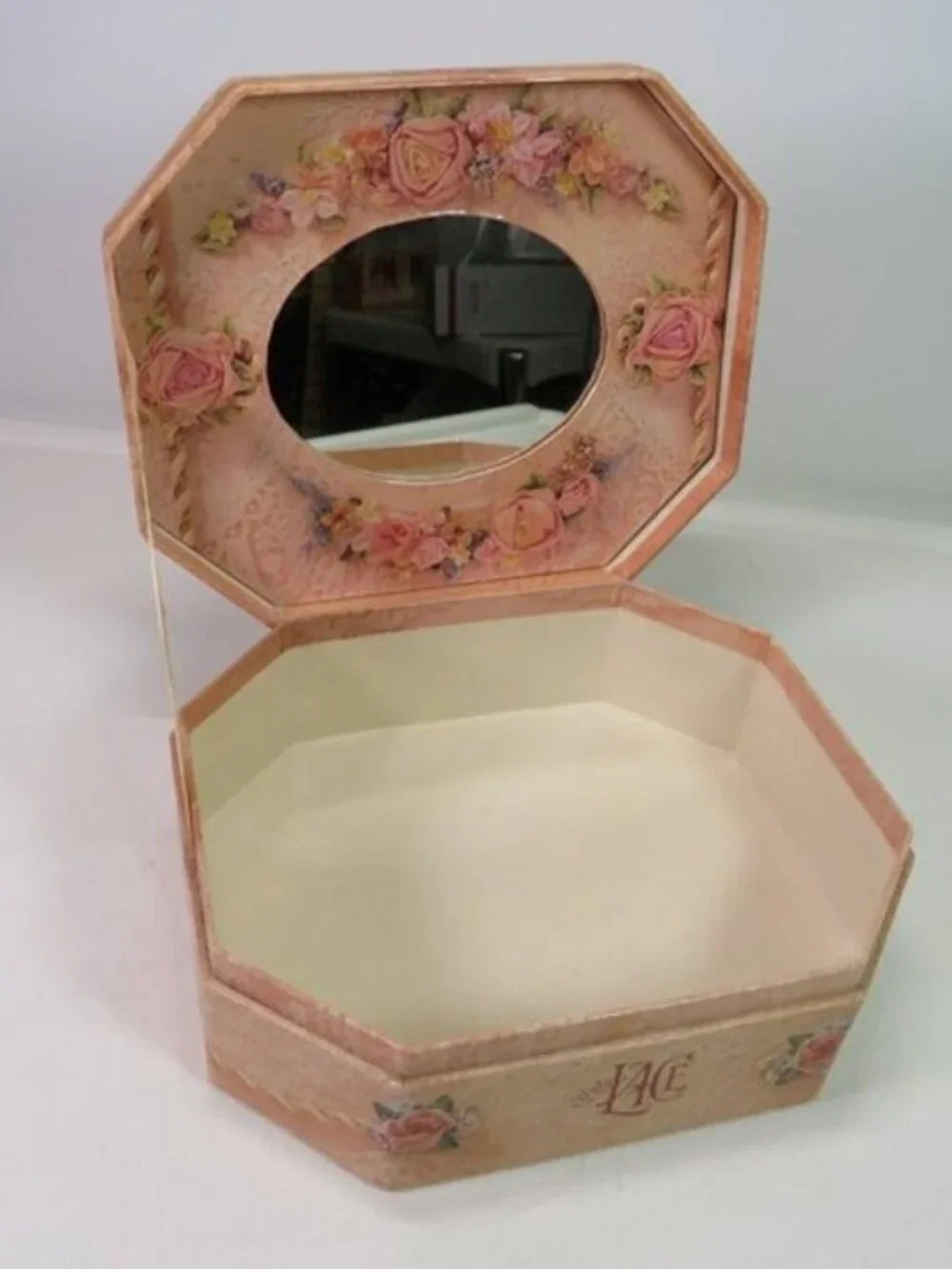 Vintage Truly Lace Pink Octagon Trinket Box Mirror Victorian Bow Gift Box